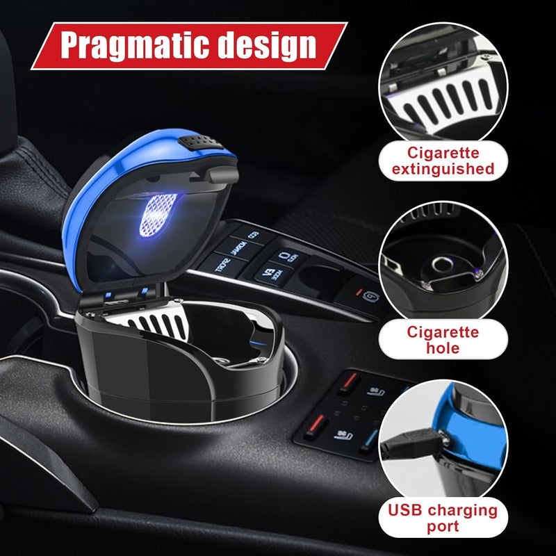Suvnie Car Ashtray with Lid, Detachable USB Rechargeable Auto Cigarette Lighter with Blue LED Light, Portable Smell Proof Stainless Car Ash Tray, Mini Automotive Trash Can (Blue) - Image 3